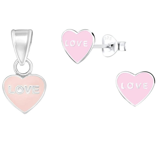 Sterling Silver Pink Love Heart Jewellery Set