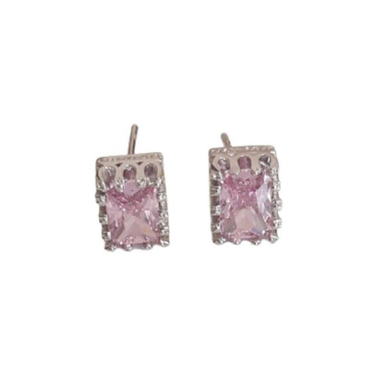 Sterling Silver Rectangle Pink Stud Earrings With Butterfly Backs
