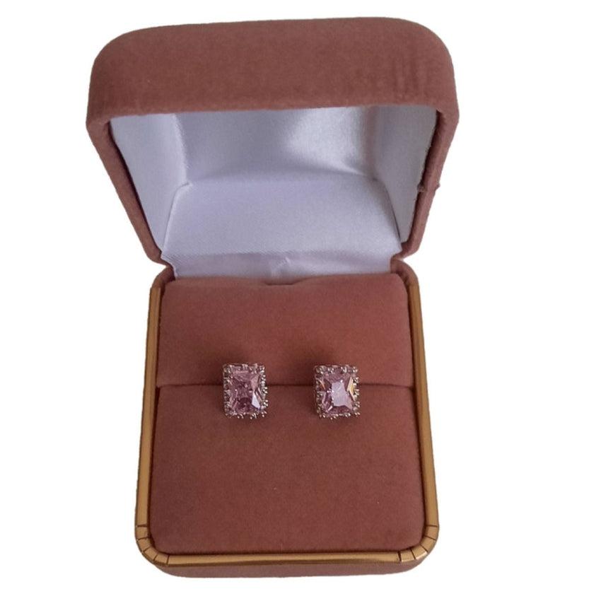 Sterling Silver Rectangle Pink Stud Earrings With Butterfly Backs