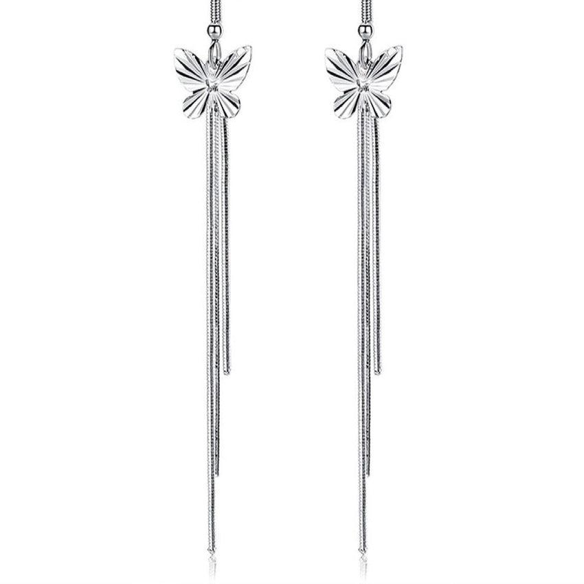 Sterling Silver Rhodium Plated Dangly Butterfly Earrings