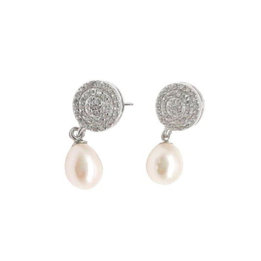 Sterling Silver Round Cubic Zirconia Pearl Drop Earrings