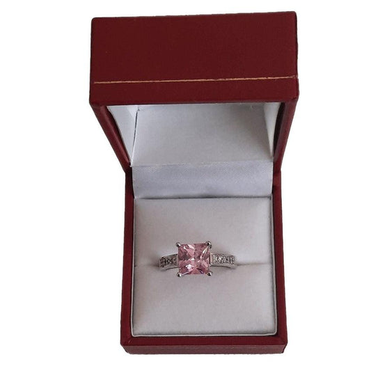 Sterling Silver Square Pink Coloured Stone Ladies Ring