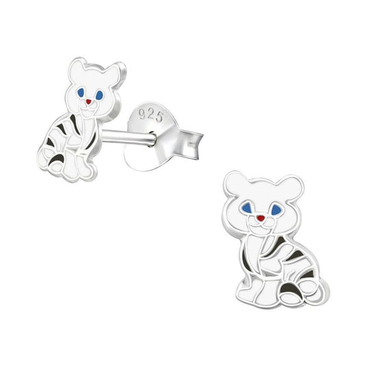 Sterling Silver Striped Cat Small Stud Earrings