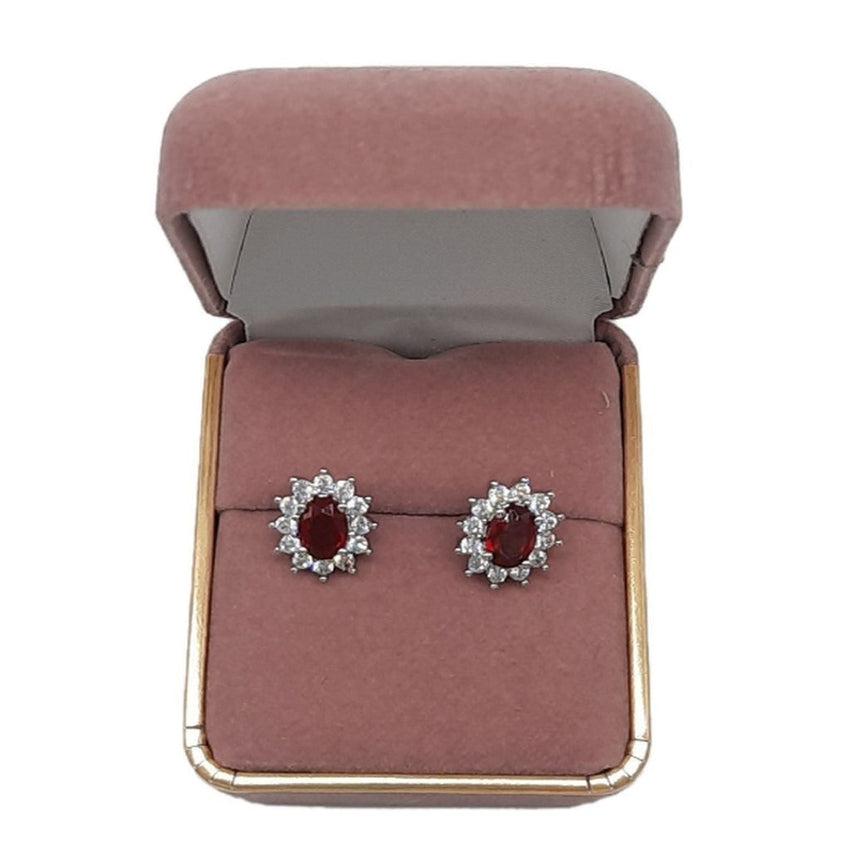 Sterling Silver CZ Surround Red Cubic Zirconia Earrings
