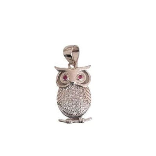 Sterling Silver Garnet Eyed Owl Pendant With a Cubic Zirconia Body