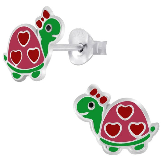 Sterling Silver Kids Red Turtle Earrings