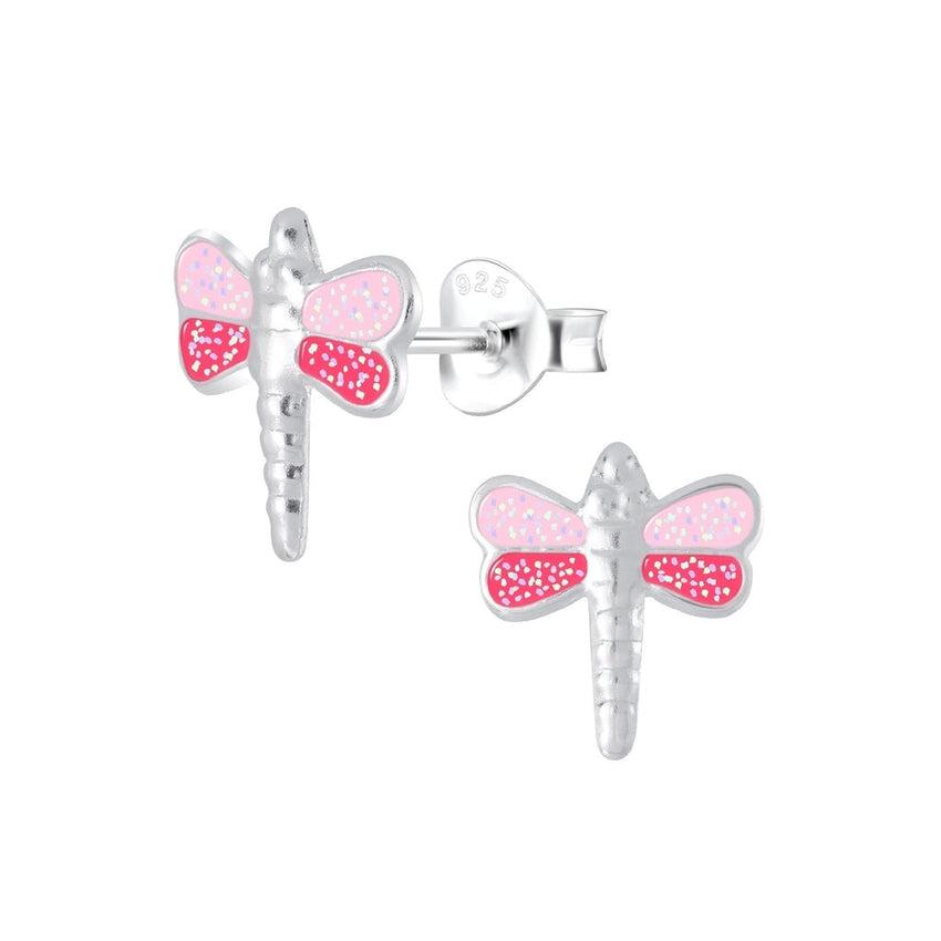 Sterling Silver Pink And White Kids Dragonfly Earrings