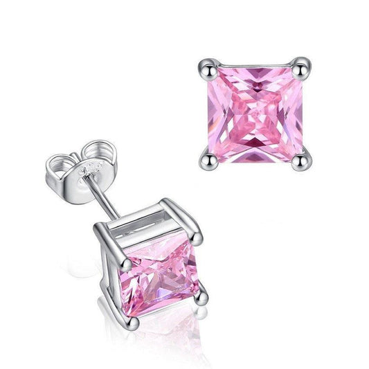 Sterling Silver Pink Square Stud Earrings