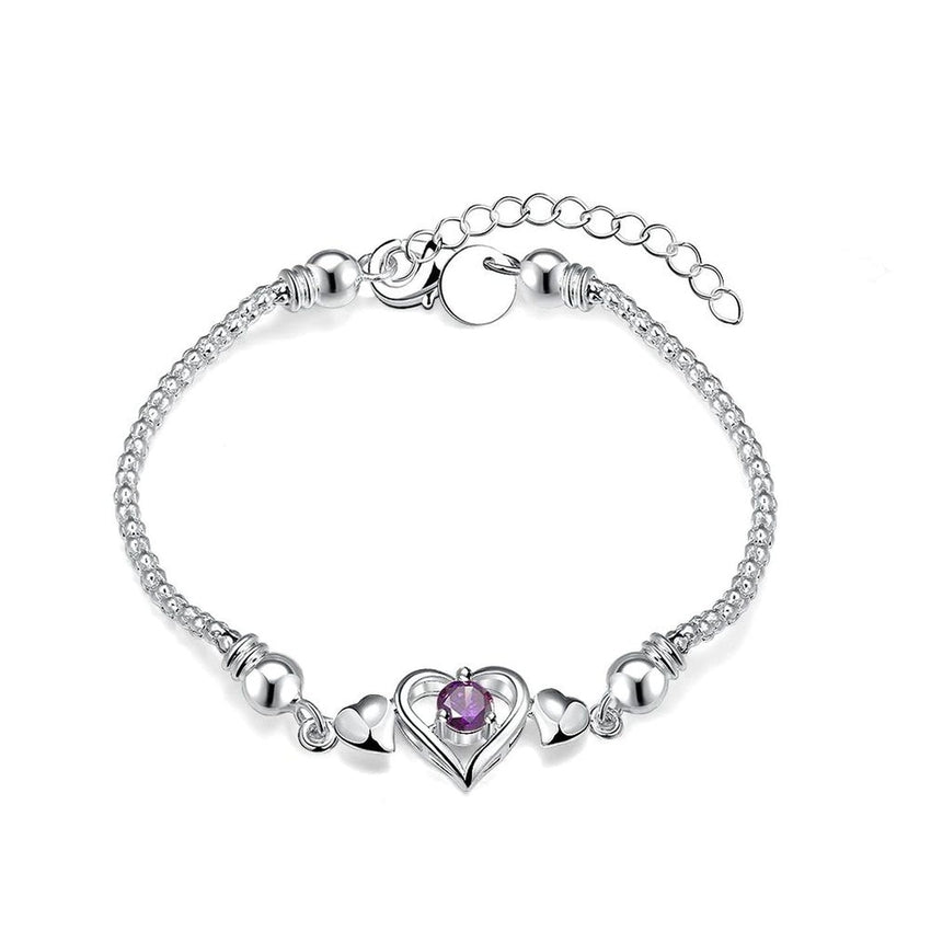 Sterling Silver Purple Amethyst Heart Stone Adjustable Bracelet