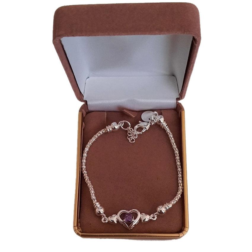 Sterling Silver Purple Amethyst Heart Stone Adjustable Bracelet