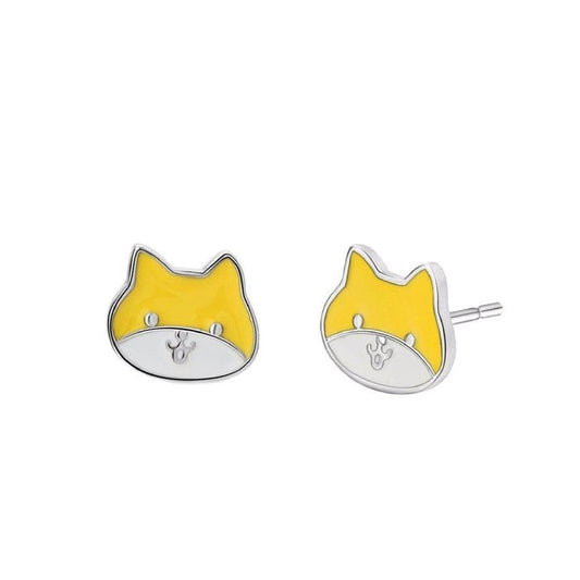 Sterling Silver White And Yellow Enamel Cat Face Earrings