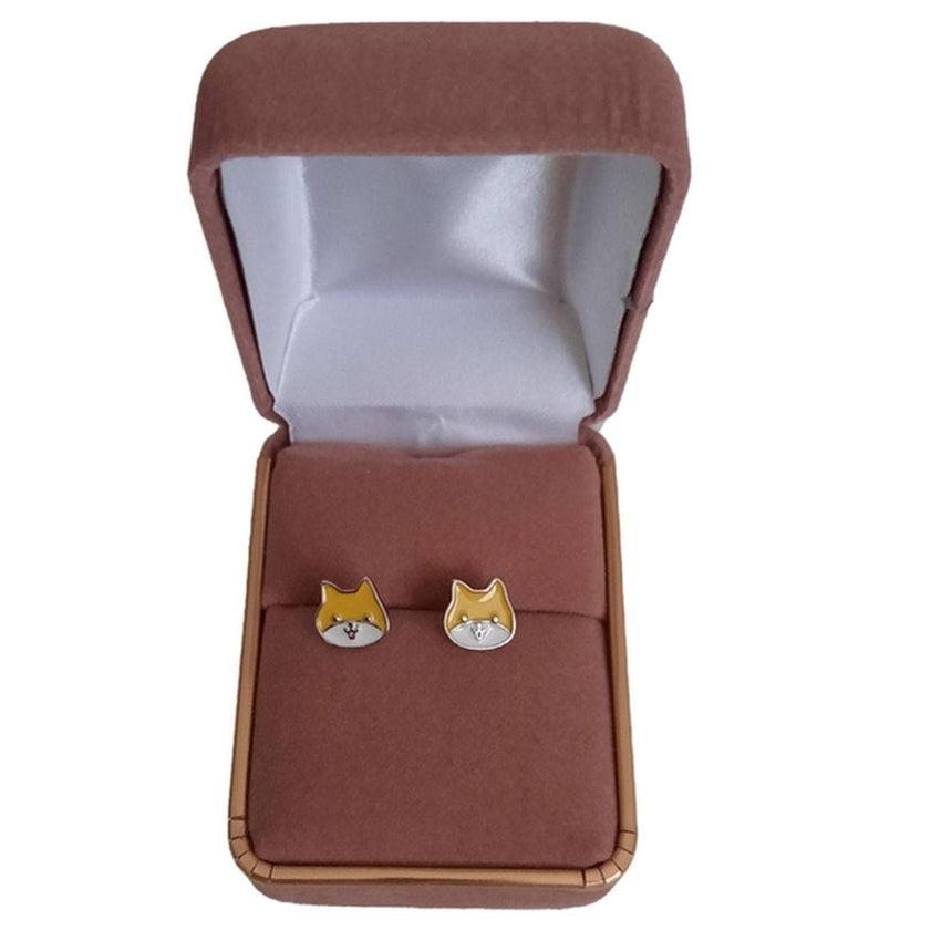 Sterling Silver White And Yellow Enamel Cat Face Earrings