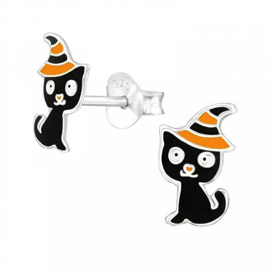 Sterling Silver Witches Cat Earrings