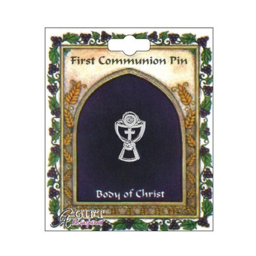 Stone Set Chalice First Communion Pin on a Gift Card
