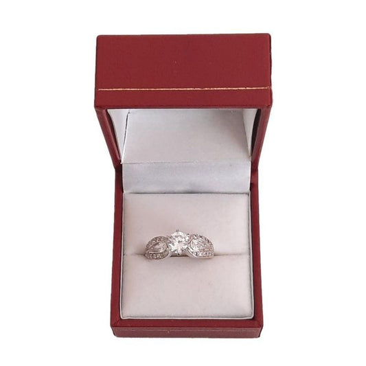 Stunning Double Band Pave Set Solitaire Sterling Silver Ladies Ring