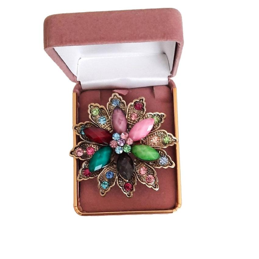 Stunning Indian Design Multi Coloured Crystal Treasure Brooch