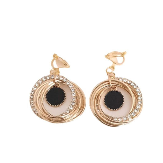 Swirl Circle Black Diamante Clip On Earrings