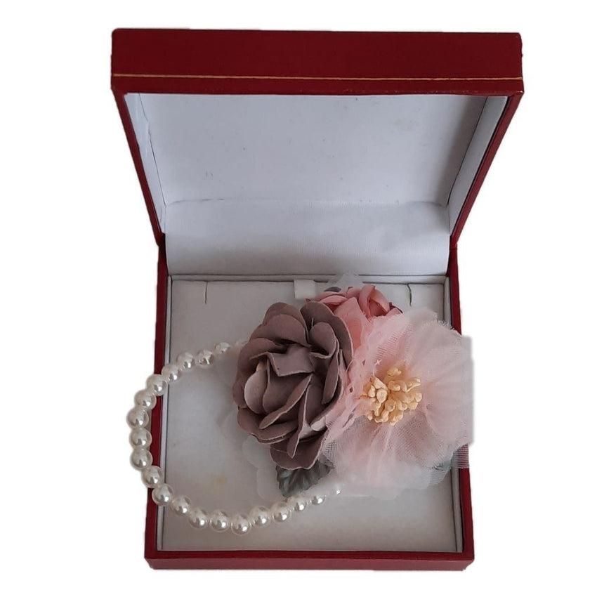 Taupe And Nude Pink Flower Bouquet Wrist Corsage Pearl Bracelet