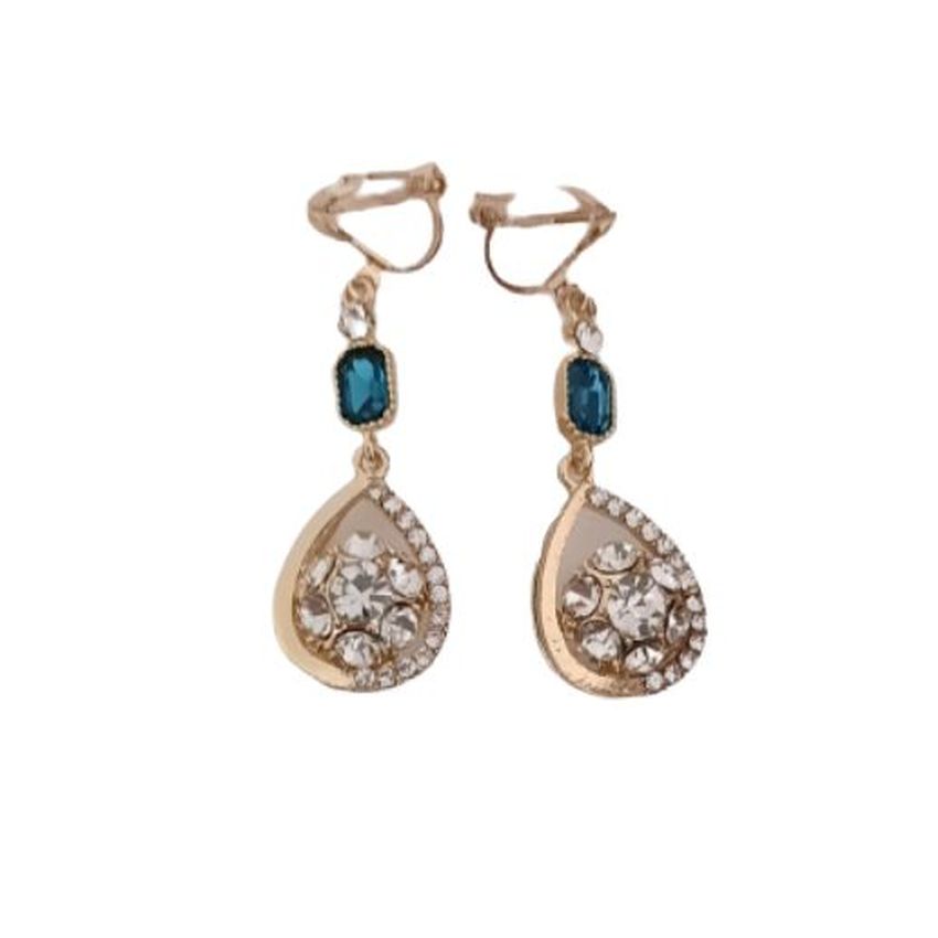 Teal Blue Diamante Clip On Earrings