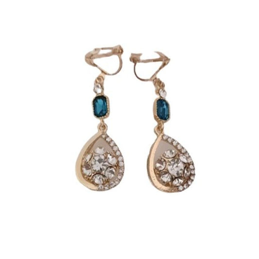 Teal Blue Diamante Clip On Earrings