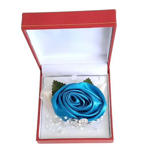 Teal Silk Rose With Ribbon And Lace Decoration Wrist Corsage