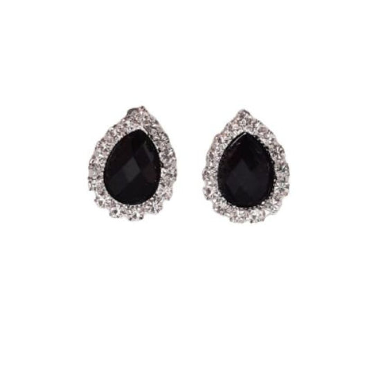 Tear Drop Black Crystal Clip On Earrings