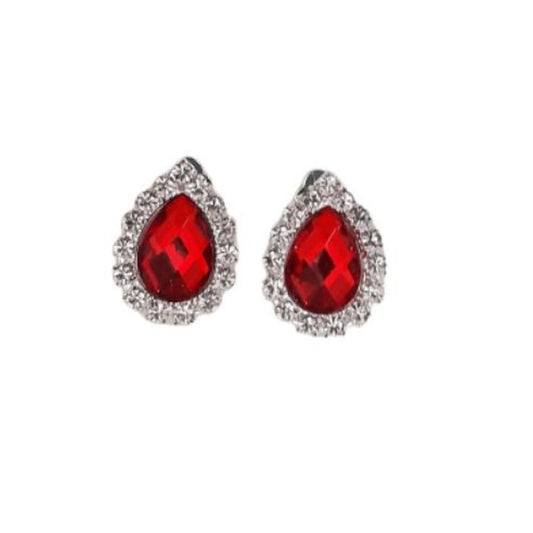 Tear Drop Red Crystal Clip On Earrings