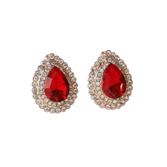 Teardrop Red Cushion Diamante Clip On Earrings