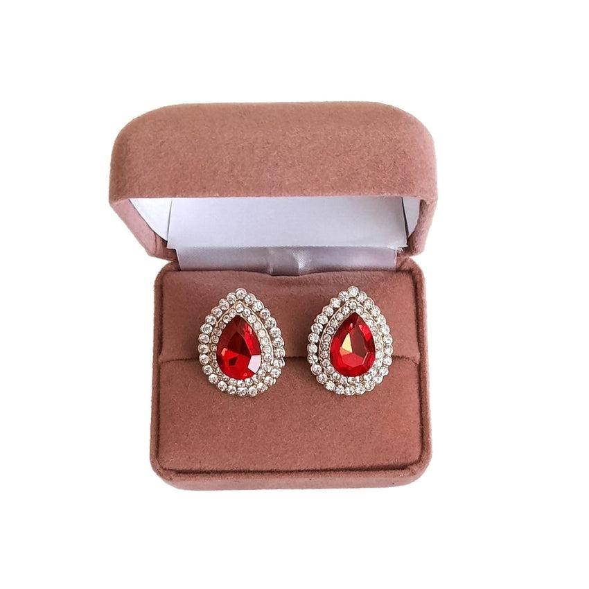 Teardrop Red Cushion Diamante Clip On Earrings