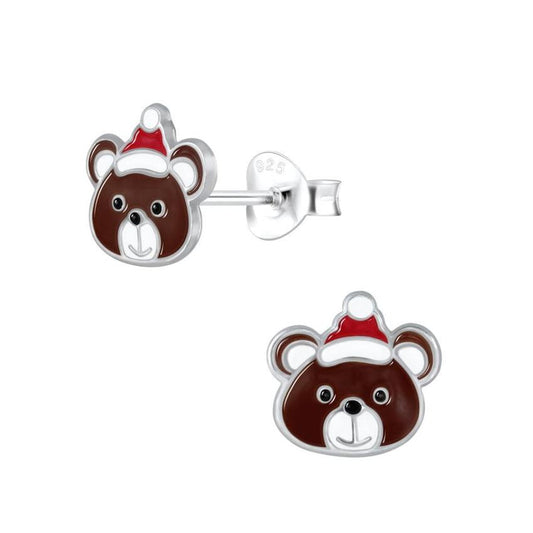 Teddy In A Christmas Hat Sterling Silver Earrings