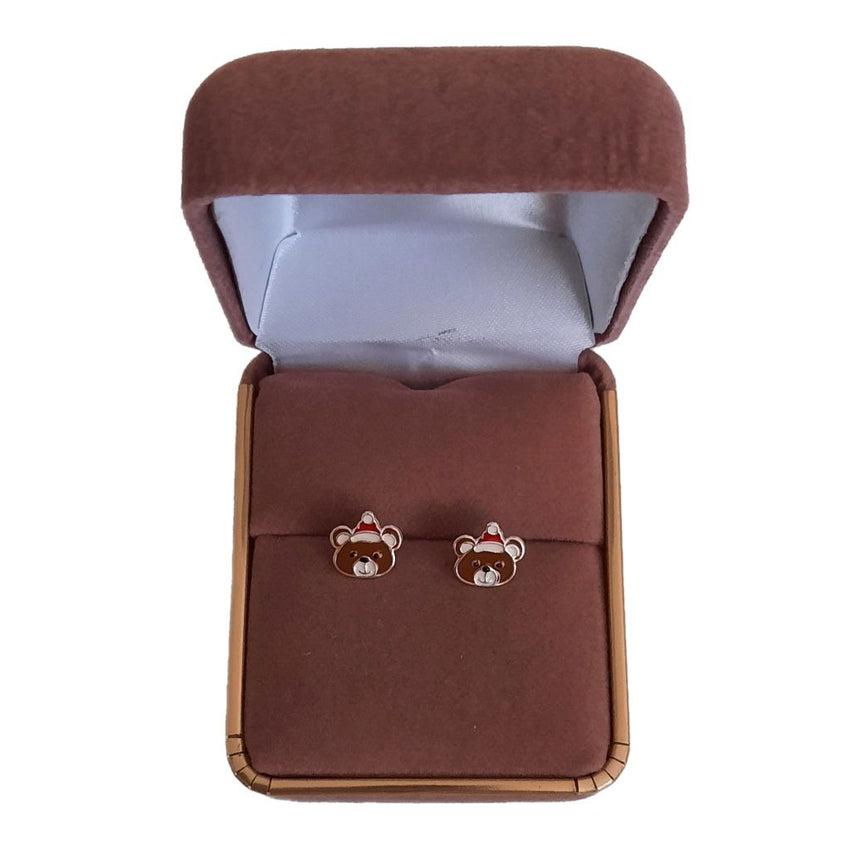 Teddy In A Christmas Hat Sterling Silver Earrings