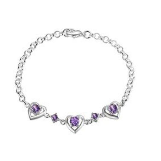 Three Purple Hearts Silver Bracelet