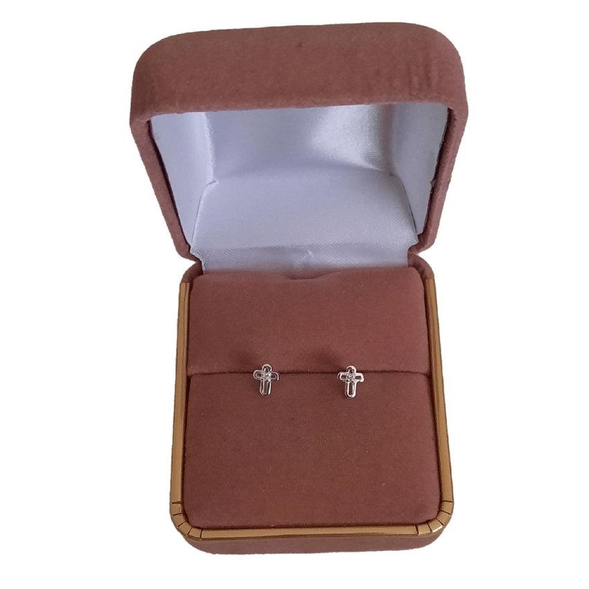 Tiny Sterling Silver Cross Earrings With A Cubic Zirconia Centre Stone