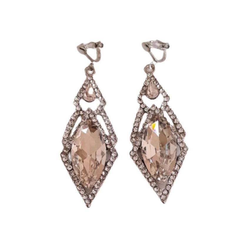 Triangle Drop Diamante And Silver Clip On Earrings