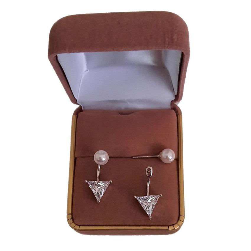 Triangle And Pearl Double Drop Silver Earrings