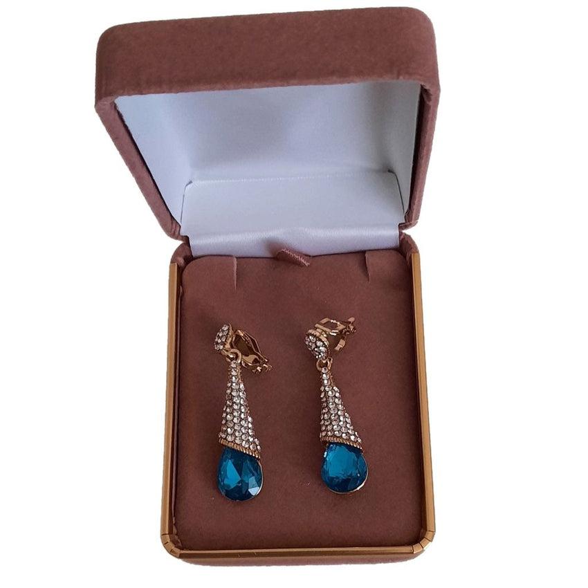 Turquoise Blue Crystal Drop Clip On Earrings