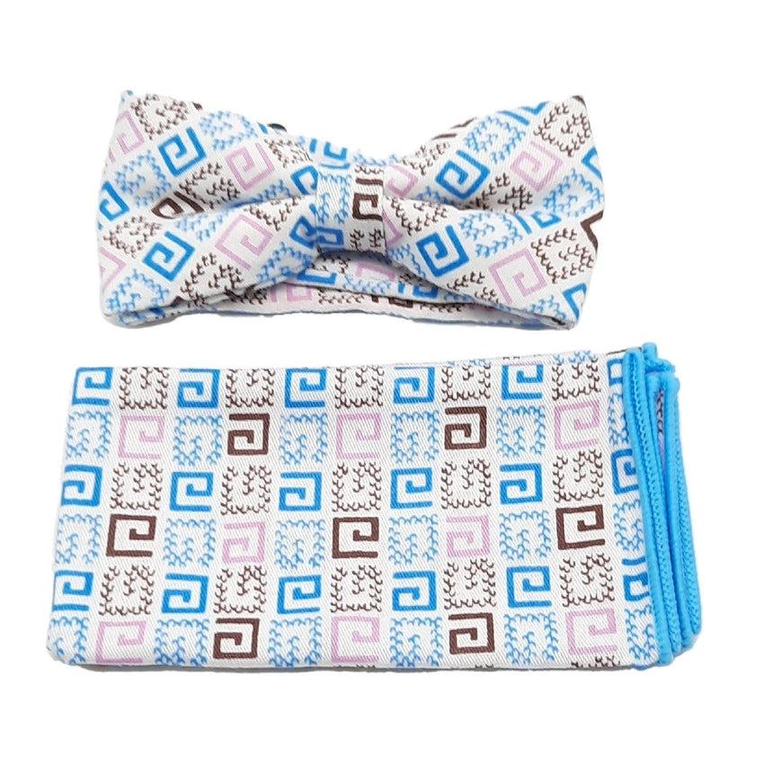 Turquoise Geometric Boys Dicky Bow And Hanky Set