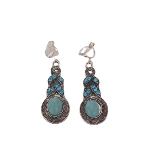 Turquoise Marcasite Dangly Clip On Earrings