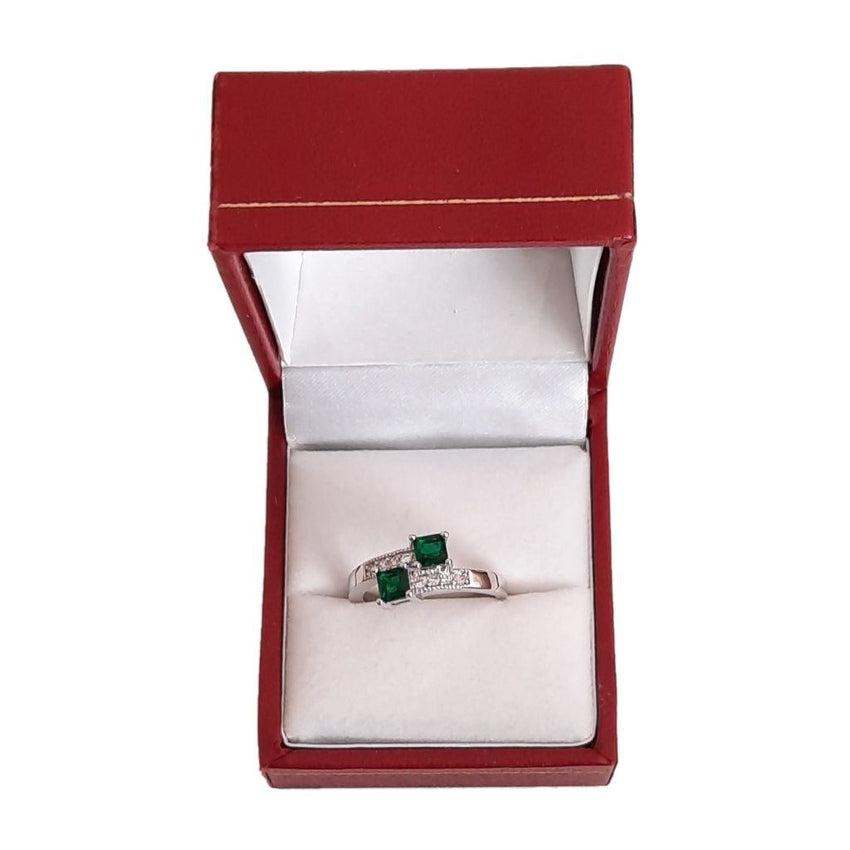 Two Green Stone Silver Twist Design Ring With Cubic Zirconia Bands