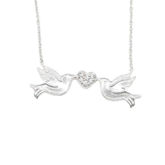Two Sterling Silver Doves With A CZ Heart Necklace
