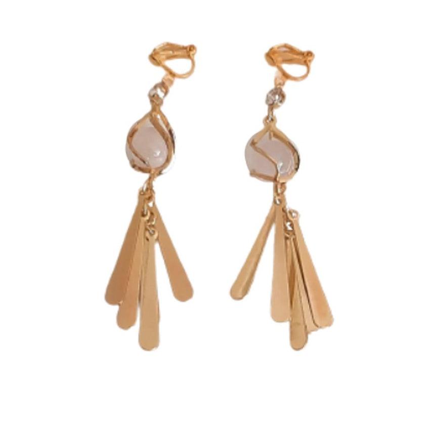 Unusual Long Gold Fan Clip On Earrings