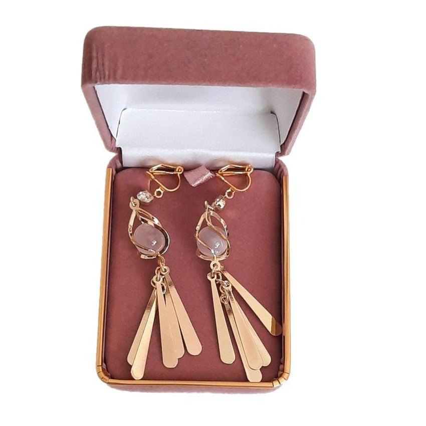 Unusual Long Gold Fan Clip On Earrings