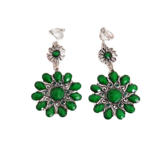 Very Large Green Flower Clip On Earrings