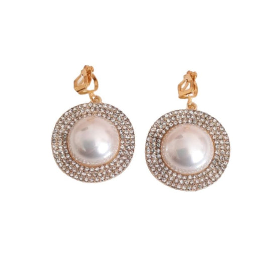Very Large Pearl And Diamante Gold Clip On Earrings