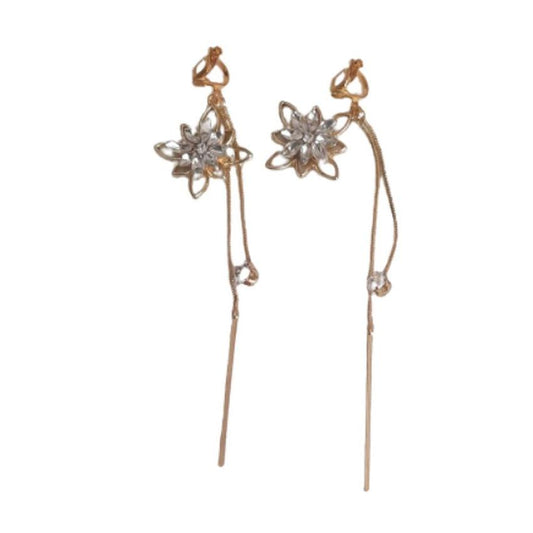 Very Long Diamante Flower Clip On Earrings