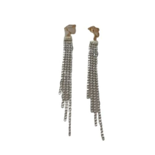 Very Long Diamante Strand Gold Clip On Earrings