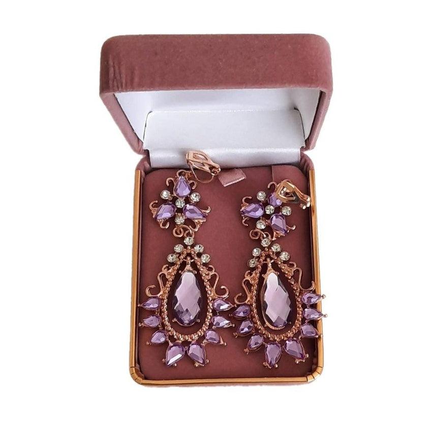 Very Long Purple Stone Vintage Clip On Earrings