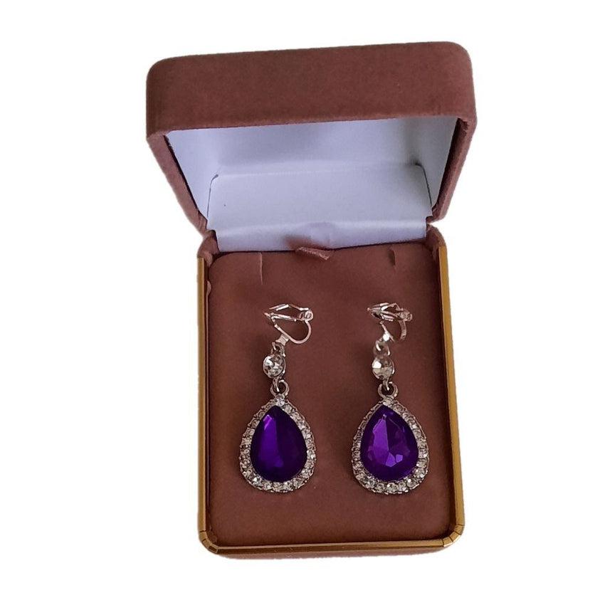 Violet Purple Clip On Diamante Earrings