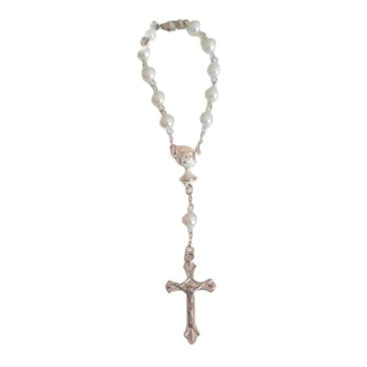 White 8mm Glass Pearl Rosary Bead Bracelet With a Crucifix and Chalice