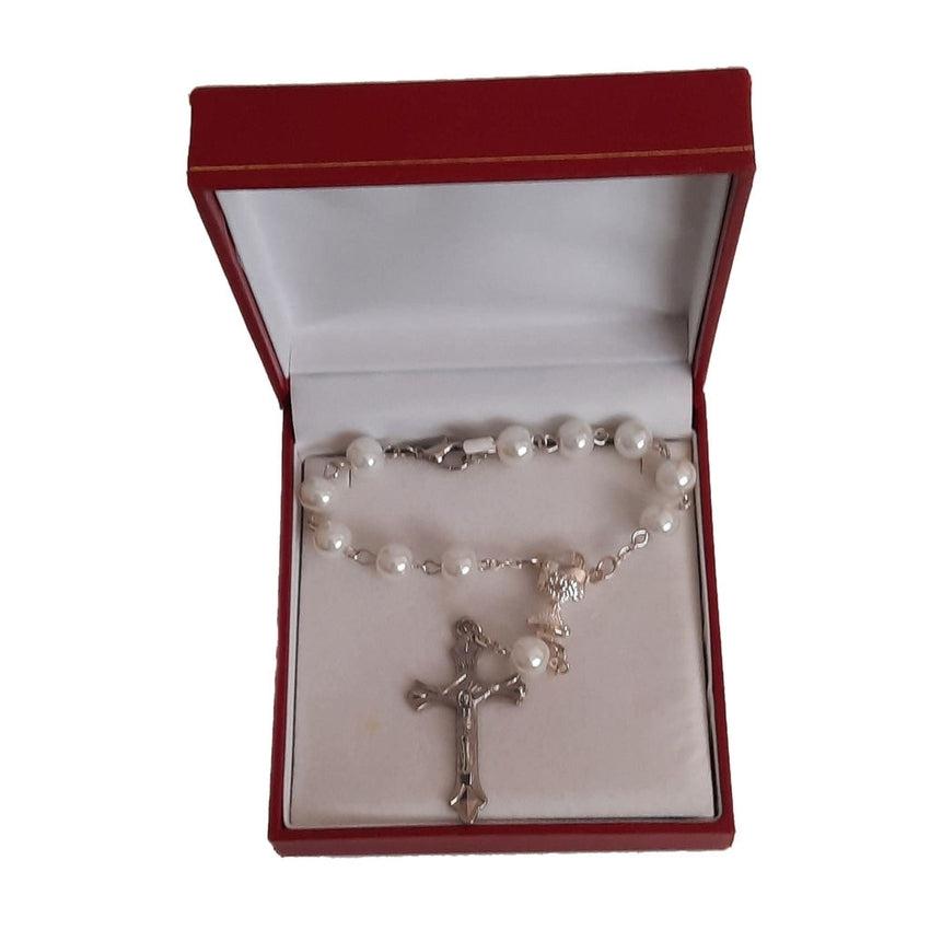 White 8mm Glass Pearl Rosary Bead Bracelet With a Crucifix and Chalice